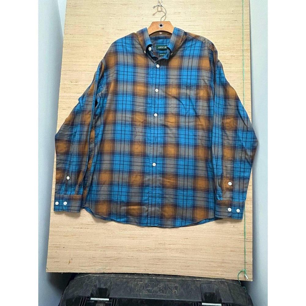 Orvis Mens Flannel Button Down Shirt Long Sleeve Plaid Blue Brown Large